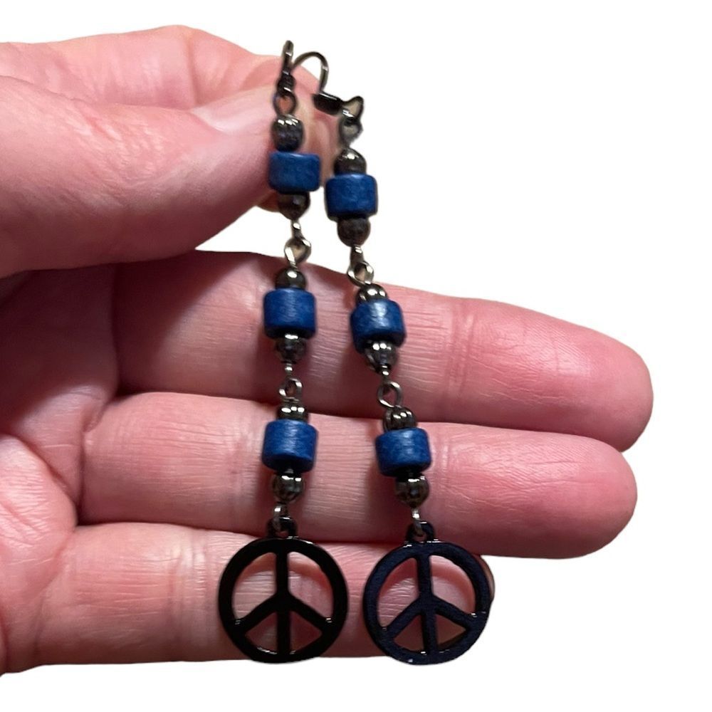 Hand Crafted Artisan Earrings Black Blue Peace Sign Long Boho Gothic NEW # 160